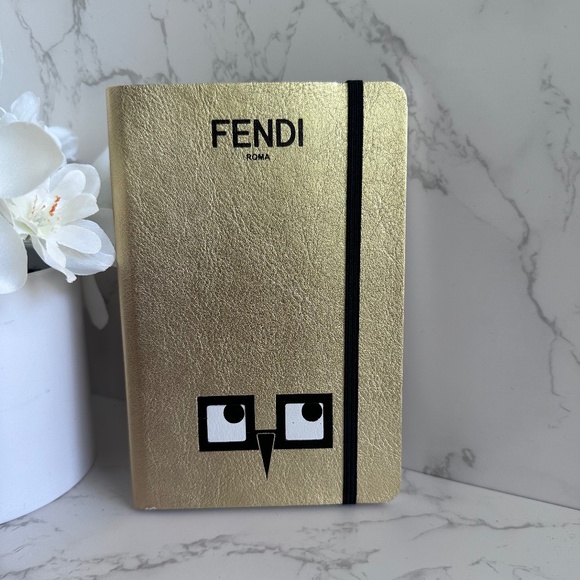 FENDI Metallic Gold-Tone Leather Notebook with Stickers - Picture 1 of 10